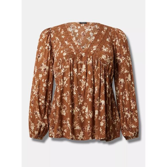Torrid Lace Inset Boho Tunic Top 2X 18/20 Brown Floral V-Neck Long Sleeve - Picture 1 of 8